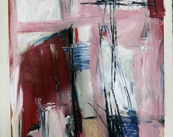 Dibujo abstracto, pintura rosa y roja (30 x 22 pulgadas)