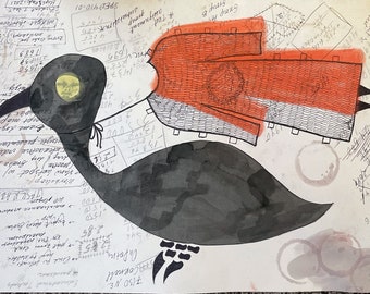 Pintura abstracta de acuarela de cuervo, arte de aves (56 x 38 cm)