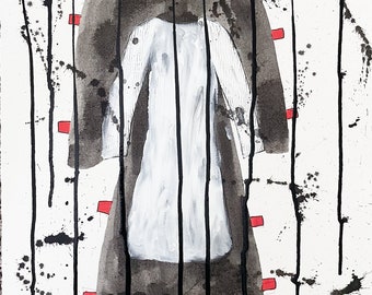 Impresión artística de vestido, papel de acuarela, tinta, acrílico, marcador negro (56 x 38 cm)
