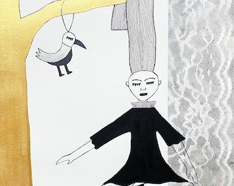 Dibujo caprichoso en técnica mixta, tinta y acrílico, 22 x 15 pulgadas (sin marco)