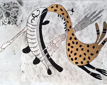 Beso de pescado... Dibujo original de medios mixtos