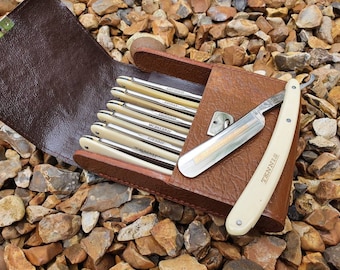 Excellent Seven day Set of Straight razors Tennis by DOVO Steelware in leather case 5/8th  1950s Shave ready