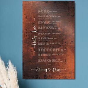Custom song lyrics bronze anniversary plaque with couples names and song lyrics and wedding date inscribed on burnished bronze metal.