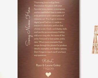 Custom Metal First Dance Lyric Art, Personalized, Romantic Wall Decor, Anniversary, For Wife, With Names,  Unique Gift for Wife, Bronze, 8th