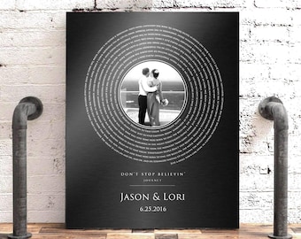 May include: A black rectangular wall art piece featuring a circular design resembling a vinyl record. The center contains a black and white photograph of a couple. Text spirals around the photo, with "DON'T STOP BELIEVIN'", "JOURNEY", "JASON & LORI", and "6.25.2016" printed below.