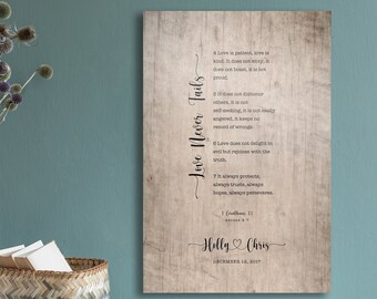 Regalo de madera personalizado, ideal para el 5.º aniversario de boda. Regalo con la frase "El amor es paciente". Aniversario de madera. 1 Corintios 13. Regalo cristiano para parejas.