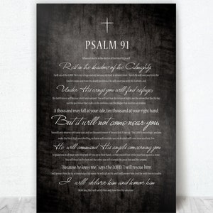 May include: A black and white printable wall art design featuring Psalm 91 from the Bible. The text is set against a distressed, textured background.