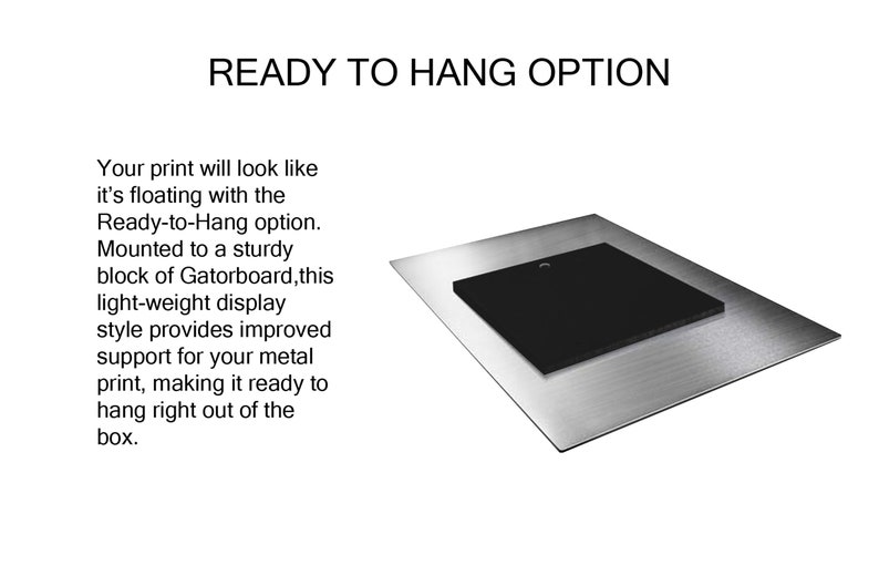 May include: A metal print with a black backing board, ready to hang. The print is mounted to a sturdy block of Gatorboard, making it easy to display.