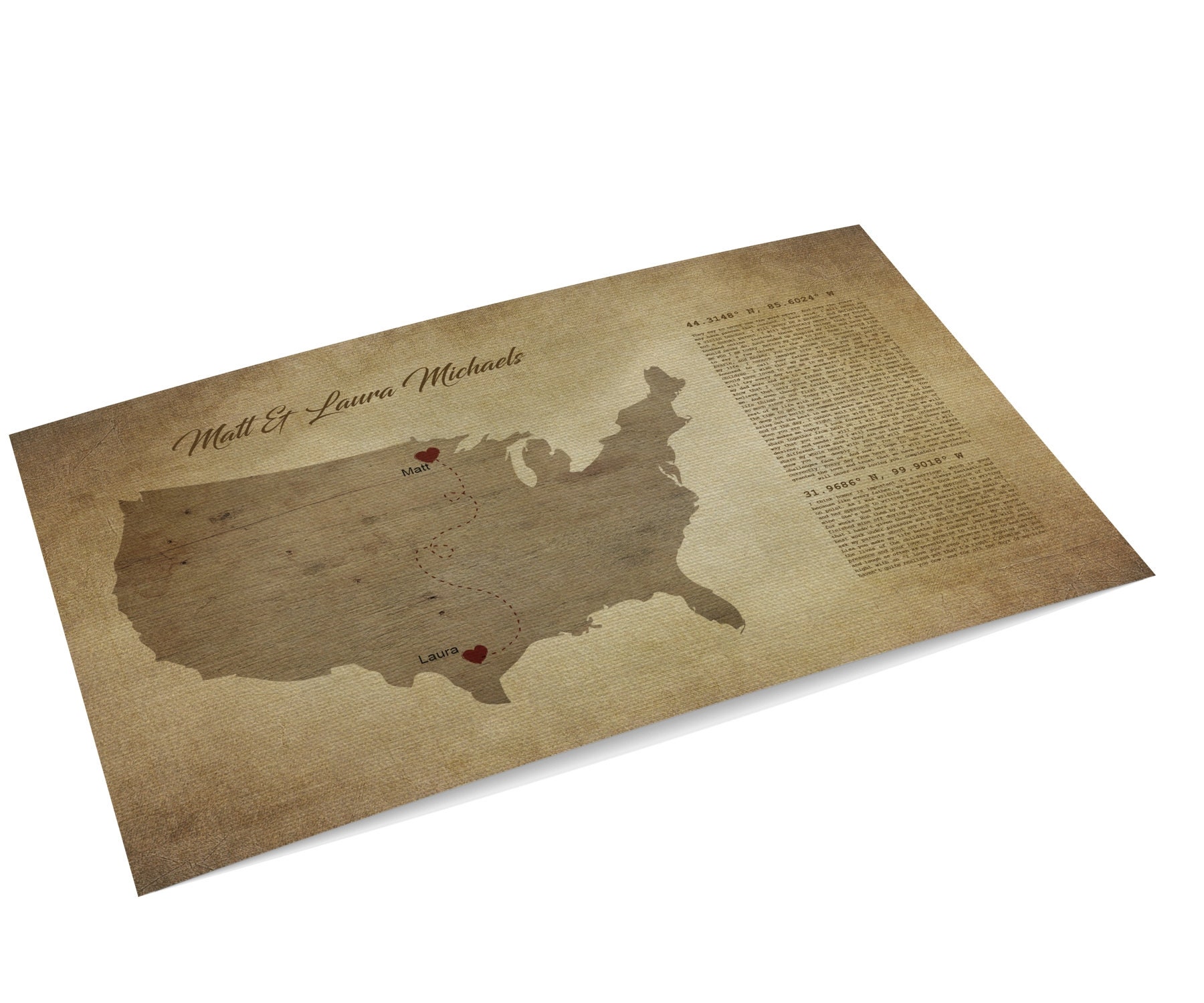 Long Distance Map on Canvas Custom Coordinates Wedding Etsy