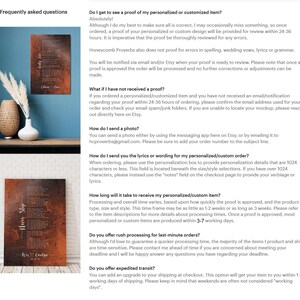 May include: A frequently asked questions page for a personalised or customised item. The page includes information about proofs, shipping, and processing times. The page also includes a photo of a metal sign with the words "Trees Stip" and "midge" on it.