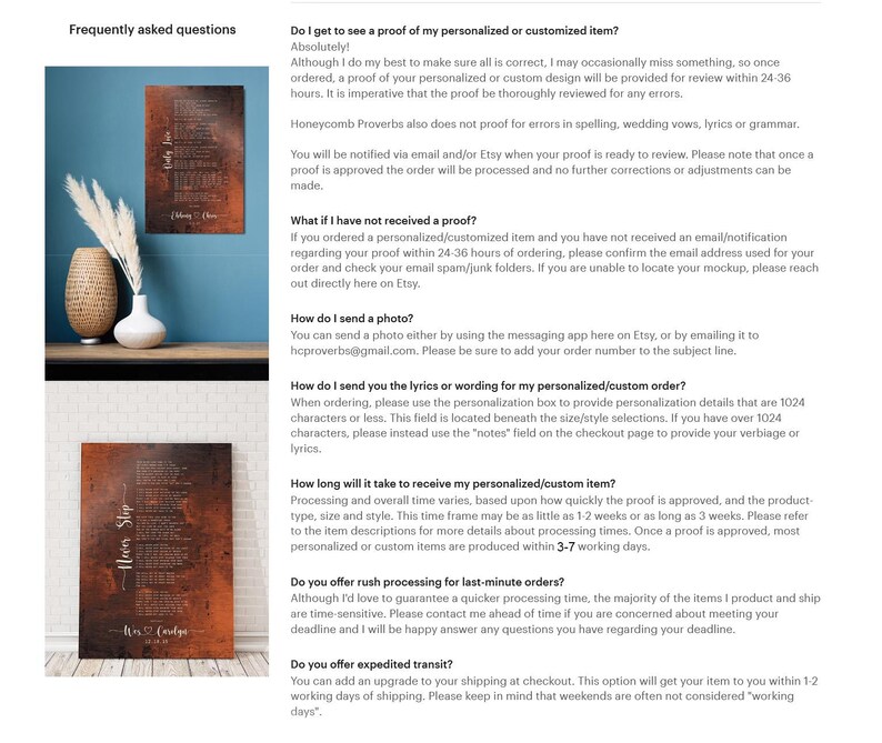 May include: A frequently asked questions page for a personalised or customised item. The page includes information about proofs, shipping, and processing times. The page also includes a photo of a metal sign with the words "Trees Stip" and "midge" on it.