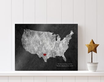 May include: A black and white map of the United States with a red heart marking a location in Texas. The text "My Heart Is Always with You" and "Tamika & Raymond 1 est. 12.10.15" is printed below the map.