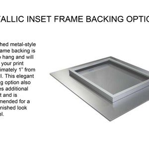 May include: A brushed metal frame backing option for artwork. The frame extends 1 inch from the wall, providing additional support and a more finished look.