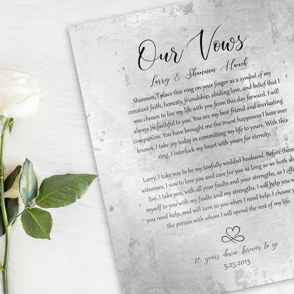 Wedding Vow Art, Wedding Vow Sign, Custom Wedding Vow Print, Tin Anniversary Gift, 10th Anniversary Gift, Personalized Anniversary Gift