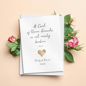 Een koord van 3 strengen is niet gemakkelijk te breken gepersonaliseerde kaart, koord van drie strengen print, christelijk valentijnscadeau, aangepaste jubileumkaart