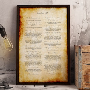 Ten Commandments Art, The Decalogue, Exodus 20 Bible Page, Rustic Framed Decor, Popular Framed Passages, Scripture Print, Aged Bible Page
