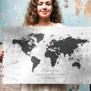 Quadro de parede personalizado em lata para aniversário, mapa de nossas aventuras, nossas viagens, mapa-múndi, presente de 10º aniversário, presente para cônjuge de militar, 10º aniversário