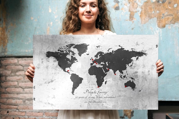 Personalized Tin Anniversary Wall Art, Our Adventure Map, Our Travels, World Map Sign, 10 Year Anniversary Gift, Military Spouse Gift, 10th
