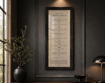 May include: A vertical rectangular wall art piece featuring The Ten Commandments printed in black text on a light beige background. The print is enclosed in a dark, weathered wooden frame with a visible grain, displaying the full text of the commandments.