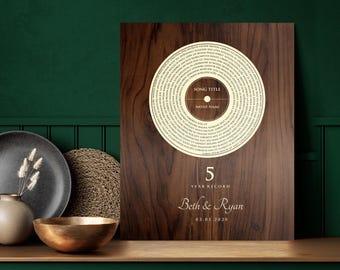 May include: A 5-year record on a wooden plaque with a circular design that resembles a vinyl record. The text reads "5 Year Record, Both & Ryan, 03.01.2020".