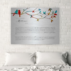 Lovebird Wedding Vow Print, Wedding Vow on Metal, Tin Anniversary Gift, Vow Art, Custom Gift for her, Romantic Gift for Wife, Printed Vows