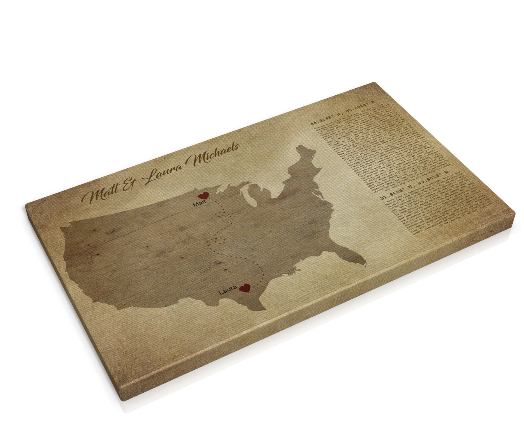 Long Distance Map on Canvas Custom Coordinates Wedding Etsy