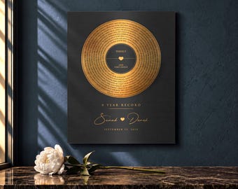 May include: A rectangular black wall art print featuring a gold vinyl record graphic. The record contains lyrics in a circular pattern, with the text PERFECT, OUR FIRST DANCE, 8 YEAR RECORD, Sarah, Derek, and SEPTEMBER 15, 2018 printed in gold.