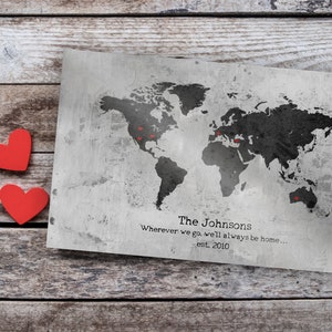 Gepersonaliseerde blikken verjaardag kunst aan de muur, onze avonturenkaart, onze reizen, bord wereldkaart, 10-jarig jubileumcadeau, cadeau militaire echtgenoot, 10e