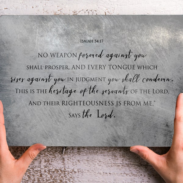 Tin Gift for Him, Isaiah 54:17, On Metal, No weapon forged against you shall prosper, 10th anniversary Gift, Christian, Religious Decor
