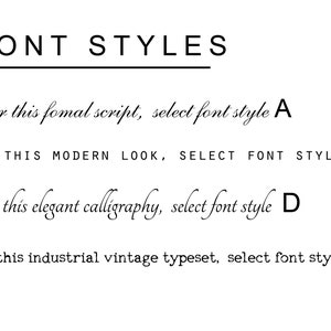 May include: A graphic showing four different font styles with text describing each style.  For this formal script, select font style A. FOR THIS MODERN LOOK, SELECT FONT STYLE B. For this elegant calligraphy, select font style D. For this industrial vintage typeset, select font style C.