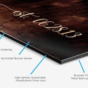 May include: A close-up of a metal sign with a wood-grain texture and the text "est. 062813" in gold lettering. The sign is made of layers of tin metal, burnished bronze veneer, and high-density polyethylene.