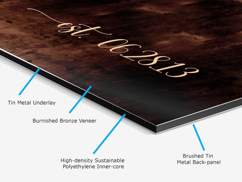 May include: A close-up of a metal sign with a wood-grain texture and the text "est. 062813" in gold lettering. The sign is made of layers of tin metal, burnished bronze veneer, and high-density polyethylene.