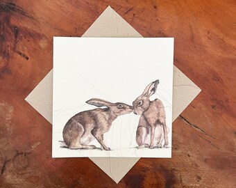 Hare Greetings Card by Rose of Stitching - Valentines card - Romantic card - Birthday Card - Card for Girlfriend - Wild Hares