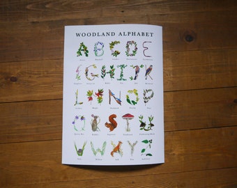 Woodland A-Z Print - Cartel del bosque - Decoración del bosque del vivero - Impresión del bosque para niños - Impresión del alfabeto del vivero - Impresión del bosque - Cartel para niños