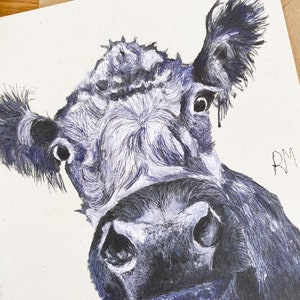 Blaue graue Kuh-Grußkarte genähte Illustrationskarte Öko-Karte Geburtstagskarte britische Landkunst Kuh-Kunstwerk blaugraue Kuh Bild 3