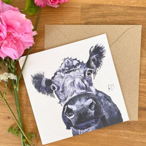 Blaue graue Kuh-Grußkarte genähte Illustrationskarte Öko-Karte Geburtstagskarte britische Landkunst Kuh-Kunstwerk blaugraue Kuh Bild 4