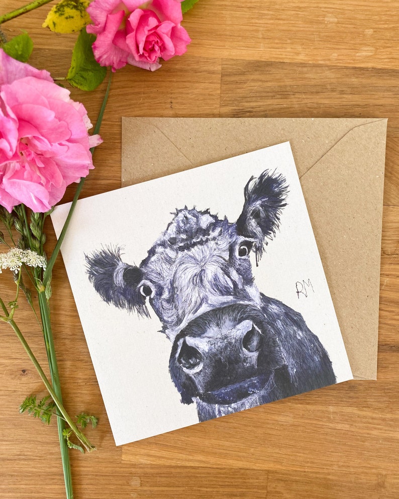 Blaue graue Kuh-Grußkarte genähte Illustrationskarte Öko-Karte Geburtstagskarte britische Landkunst Kuh-Kunstwerk blaugraue Kuh Bild 4