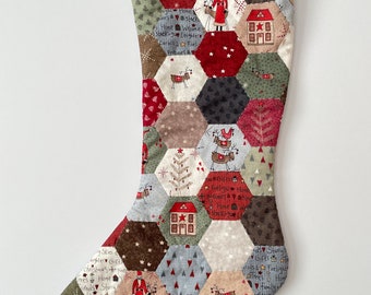 Handmade, english paper pieced hexagon patchwork, hand quilted fabric Christmas stocking