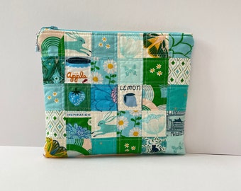 Large, patchwork, quilted, Ruby Star Society, blue and green mix, cotton fabric, zipper pouch