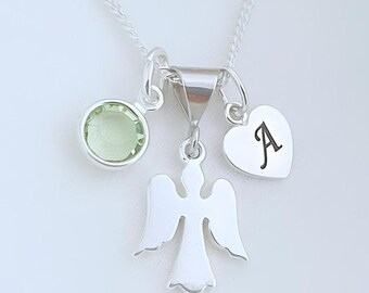Collar de ángel de plata esterlina. Pequeño colgante de ángel de la guarda de plata. Elija 2 dijes personalizados y cadena.