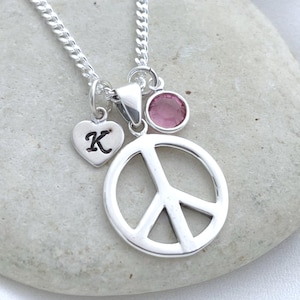 925 Sterling Silver Peace Necklace, Peace Jewelry, 925Silver Peace Sign Necklace custom Initial & Birthstone, Choose Chain. R83