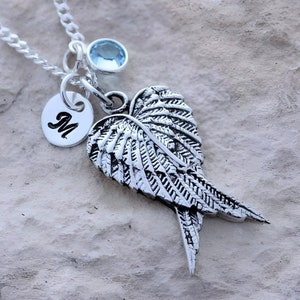 Double Wing Pendant Necklace Sterling Silver Wing Necklace. Customized birthstone and initial, choose Chain Guandian Angel Wings 32 x 18mm.