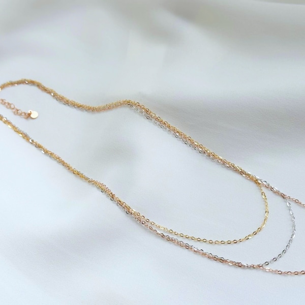 Three Strand Necklace. Three Tone chain Necklace. 14k Gold over Sterling Silver. Rose over Sterling Silver. 16" plus 2" extention.