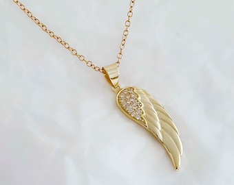 Collier aile en or, collier aile d'ange en or, aile d'ange gardien en or avec pierres de zircone cubique, collier aile en or, aile en or