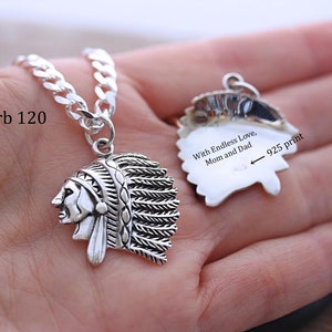 WÄHLEN Sie Sterling Silber Kette mit Indianer in Sterling Silber, graviert Indianer Frauen Männer Geschenk. Indische Halskette. Indianer Häuptling Kopf
