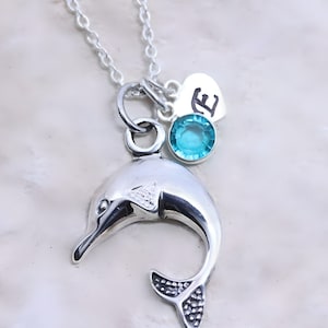 Personalized sterling silver dolphin Necklace. Choose initial and birthstone, Silver dolphin necklace, 925 silver dolphin necklace, 5619