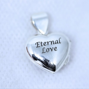 Solid Sterling Silver Engraved Heart Locket Necklace, Engraved with &quot;Eternal Love&quot; Two photos Heart Locket necklace, CHOOSE chain.