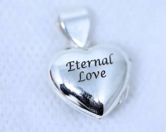 Solid Sterling Silver Engraved Heart Locket Necklace, Engraved with "Eternal Love" Two photos Heart Locket necklace, CHOOSE chain.