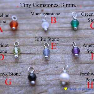Puede incluir: Una colecci&oacute;n de ocho dijes de piedras preciosas de 3 mm etiquetados de la A a la H, incluyendo cornalina, piedra lunar, &oacute;nix verde, peridoto, iolita, amatista, &oacute;nix y una perla de agua dulce. Cada dije tiene una argolla y cuenta de metal plateado.