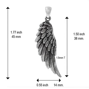 May include: Silver pendant in the shape of an angel wing. The wing is detailed with feathers and measures 1.77 inches tall and 1.50 inches wide.